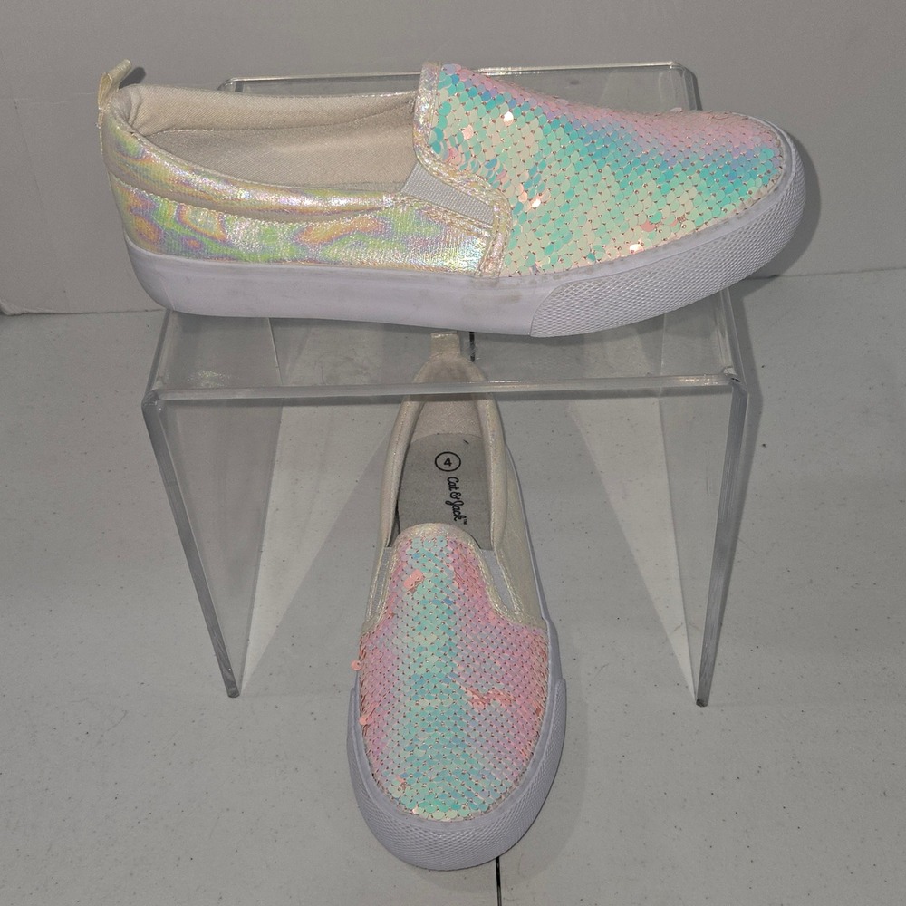 Cat & Jack Girls Iridescent Sequin Slip On Sneakers White Pink Size 4 093091152